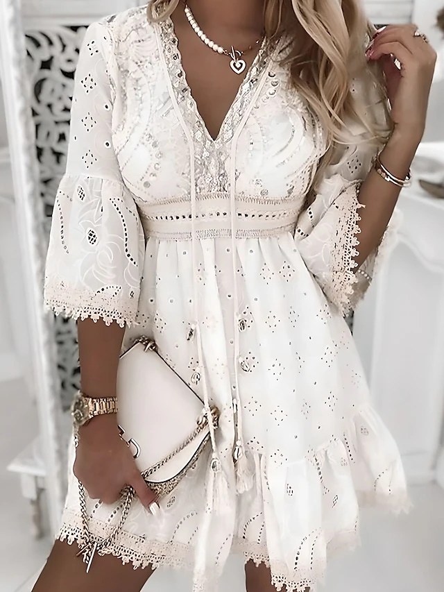 Women's Casual Dress Cotton Dress A Line Dress Mini Dress Cotton Fashion Modern Outdoor Daily Vacation V Neck Ruffle Embroidered 3/4 Length Sleeve Summer Spring Fall 2023 Regular Fit White Apricot