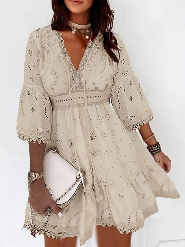 Women's Casual Dress Cotton Dress A Line Dress Mini Dress Cotton Fashion Modern Outdoor Daily Vacation V Neck Ruffle Embroidered 3/4 Length Sleeve Summer Spring Fall 2023 Regular Fit White Apricot