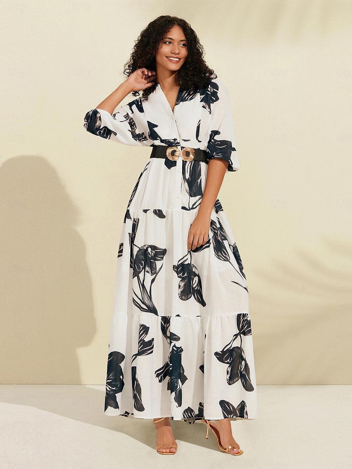 Floral V Neck Belted Maxi Dress