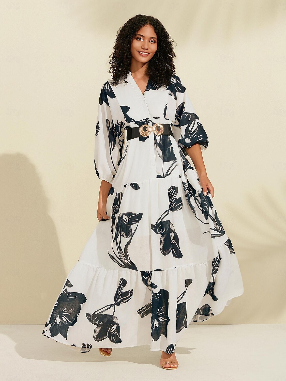 Floral V Neck Belted Maxi Dress