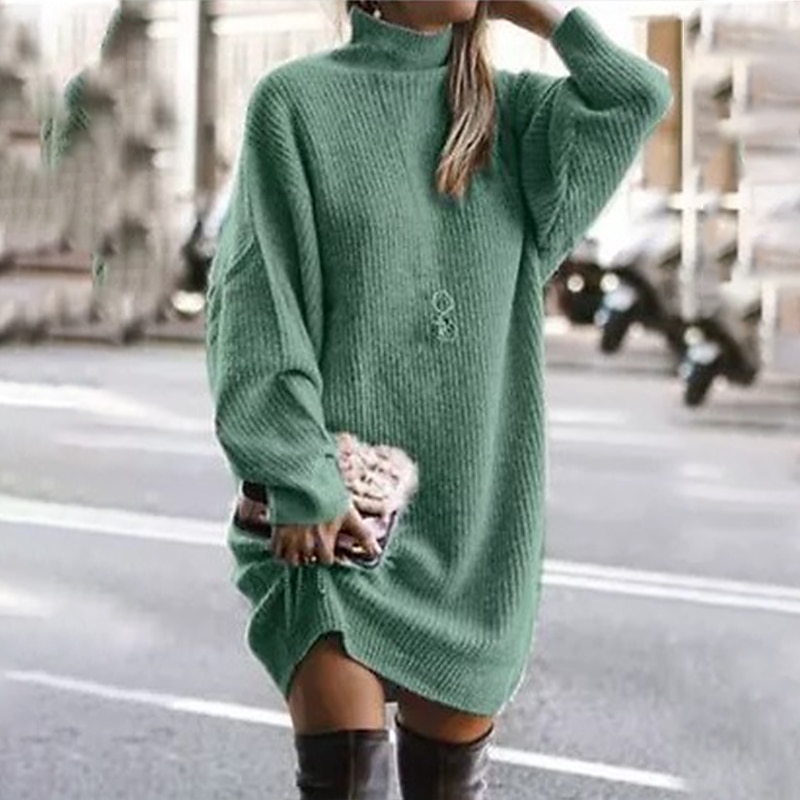 Women's Sweater Dress Winter Dress Green Khaki Light gray Light Blue Long Sleeve Pure Color Knit Winter Fall Turtleneck Basic Casual