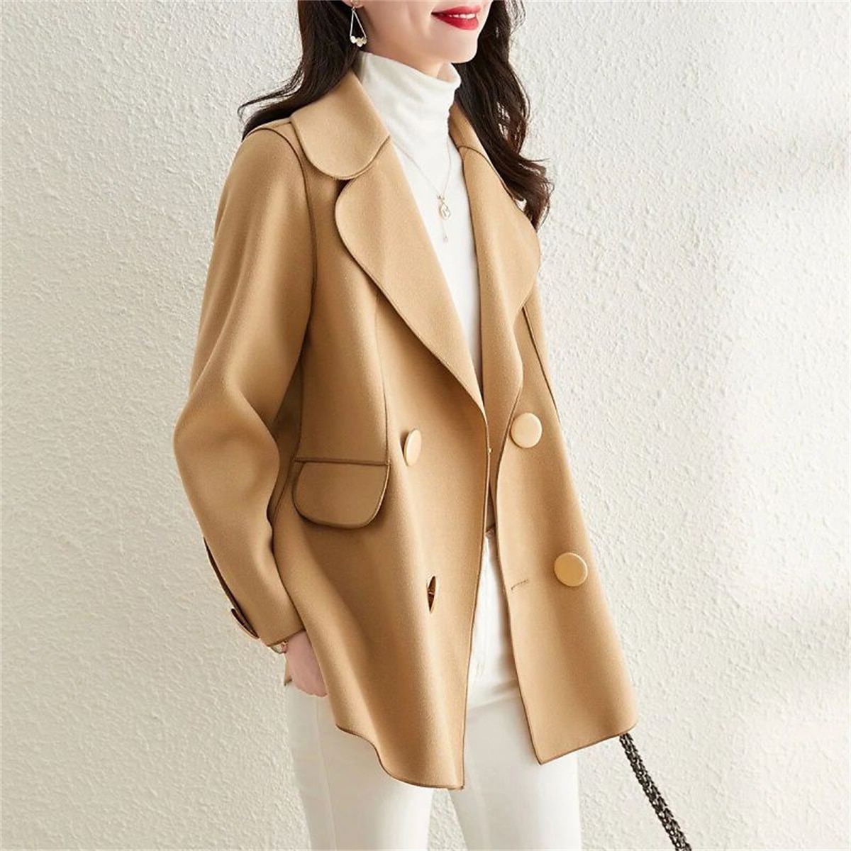 Women's Wool Blend Coat Cropped Jacket Pea Coat Double Breasted Lapel Coat Warm Winter Coat with Pockets Outerwear Long Sleeve