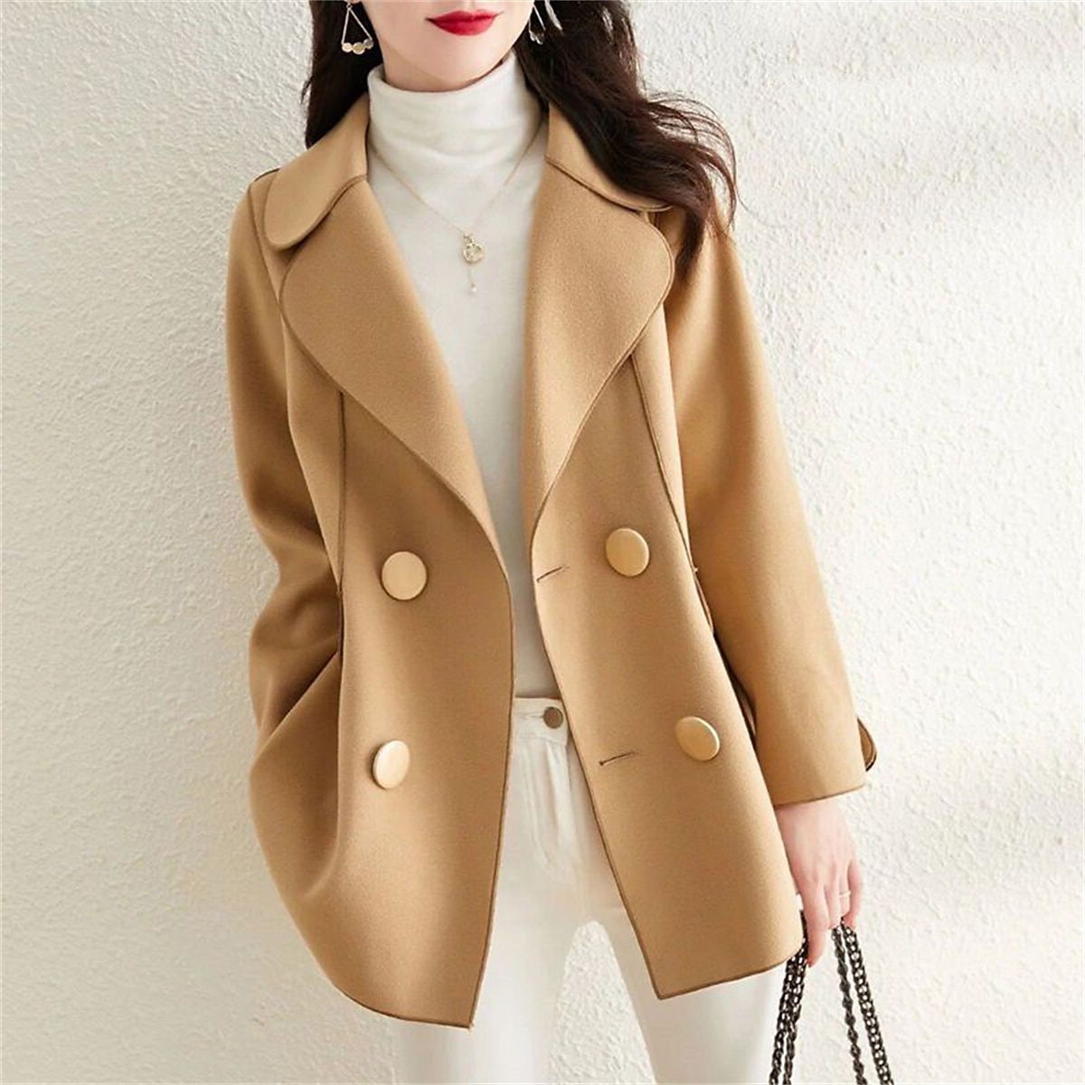 Women's Wool Blend Coat Cropped Jacket Pea Coat Double Breasted Lapel Coat Warm Winter Coat with Pockets Outerwear Long Sleeve