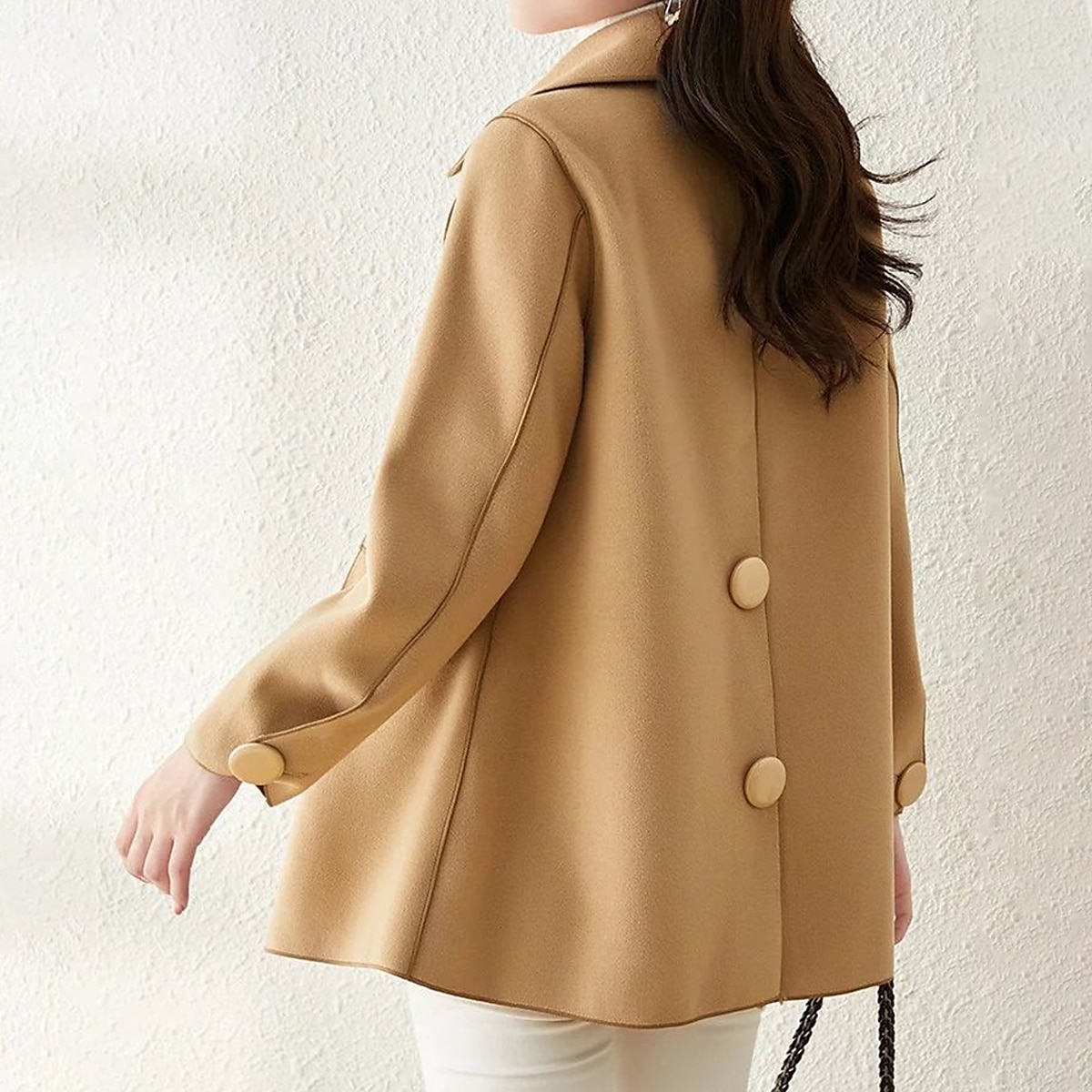 Women's Wool Blend Coat Cropped Jacket Pea Coat Double Breasted Lapel Coat Warm Winter Coat with Pockets Outerwear Long Sleeve