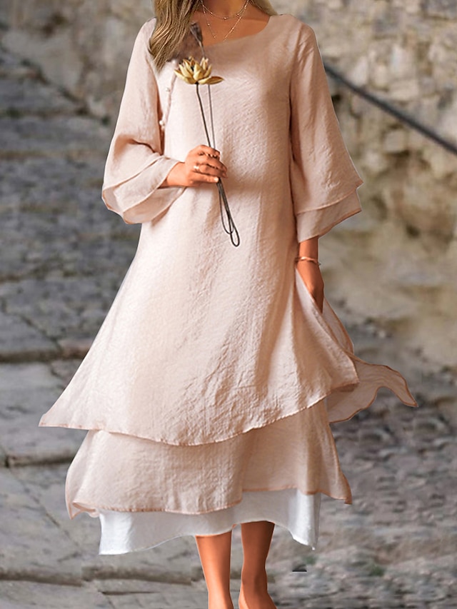 Women's Casual Dress Cotton Linen Dress Swing Dress Midi Dress Cotton Blend Basic Casual Outdoor Daily Vacation Crew Neck Button Layered Long Sleeve Summer Spring Fall 2023 Loose Fit Light Pink White