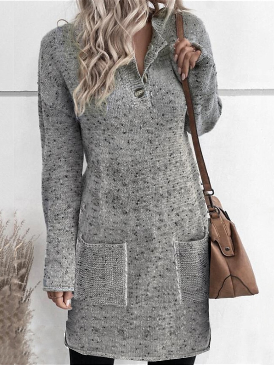 Women's Sweater Dress Jumper Dress Winter Dress Mini Dress Warm Pure Color Outdoor Casual Daily Going out Lapel Long Sleeve Pocket