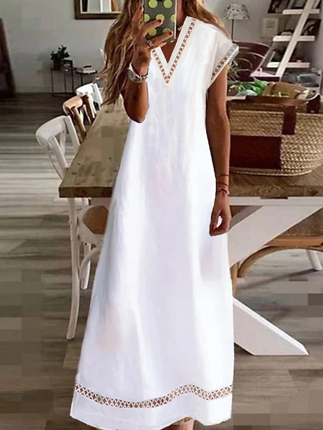 Women's Cotton Linen Dress Casual Dress Maxi long Dress Cotton And Linen Modern Casual Outdoor Vacation V Neck Patchwork Short Sleeve Summer Spring 2023 Regular Fit White Pure Color S M L XL 2XL