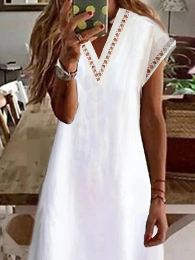 Women's Cotton Linen Dress Casual Dress Maxi long Dress Cotton And Linen Modern Casual Outdoor Vacation V Neck Patchwork Short Sleeve Summer Spring 2023 Regular Fit White Pure Color S M L XL 2XL