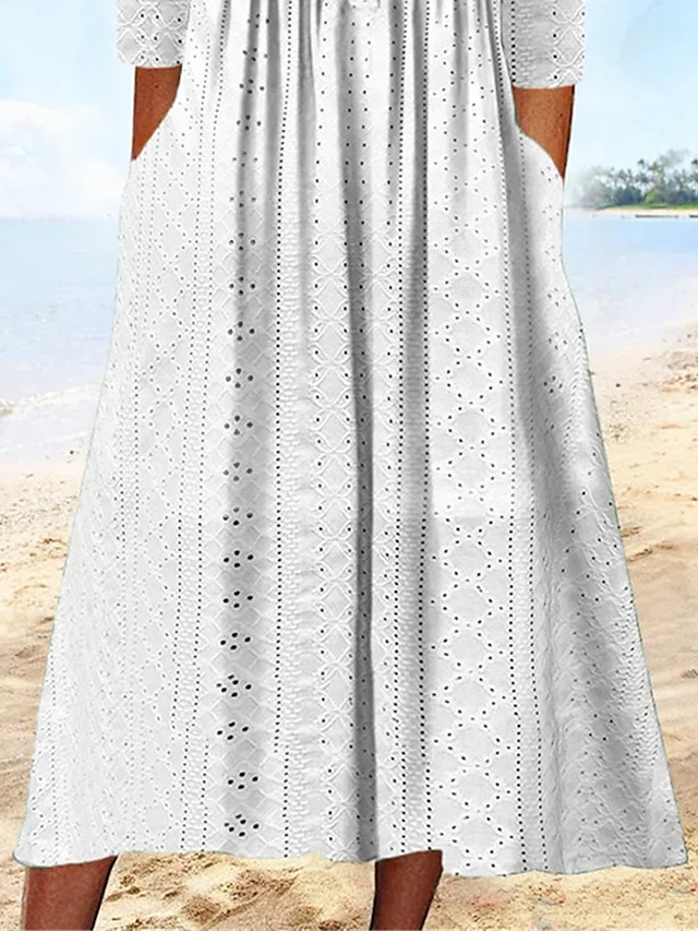 Women's Casual Dress Cotton Linen Dress White Dress Midi Dress Linen / Cotton Blend Basic Classic Outdoor Daily Vacation V Neck Button Pocket 3/4 Length Sleeve Summer Spring Fall 2023 Regular Fit