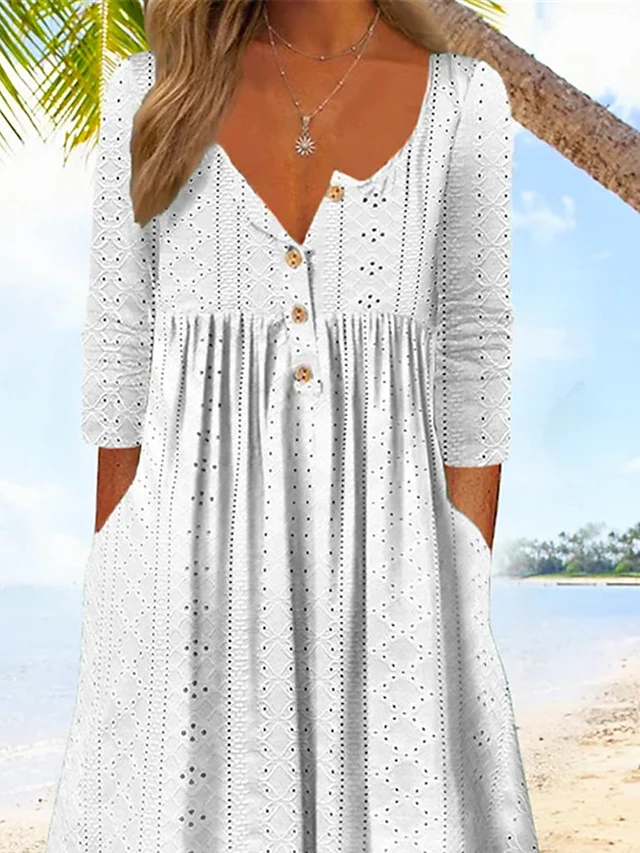 Women's Casual Dress Cotton Linen Dress White Dress Midi Dress Linen / Cotton Blend Basic Classic Outdoor Daily Vacation V Neck Button Pocket 3/4 Length Sleeve Summer Spring Fall 2023 Regular Fit