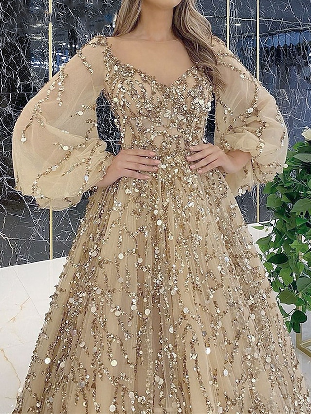 Women's Prom Dress Party Dress Sequin Dress Long Dress Maxi Dress Pink Gold Green Long Sleeve Pure Color Sparkly Glitter Sequins Spring Fall Winter V Neck Fashion Winter Dress Wedding Guest