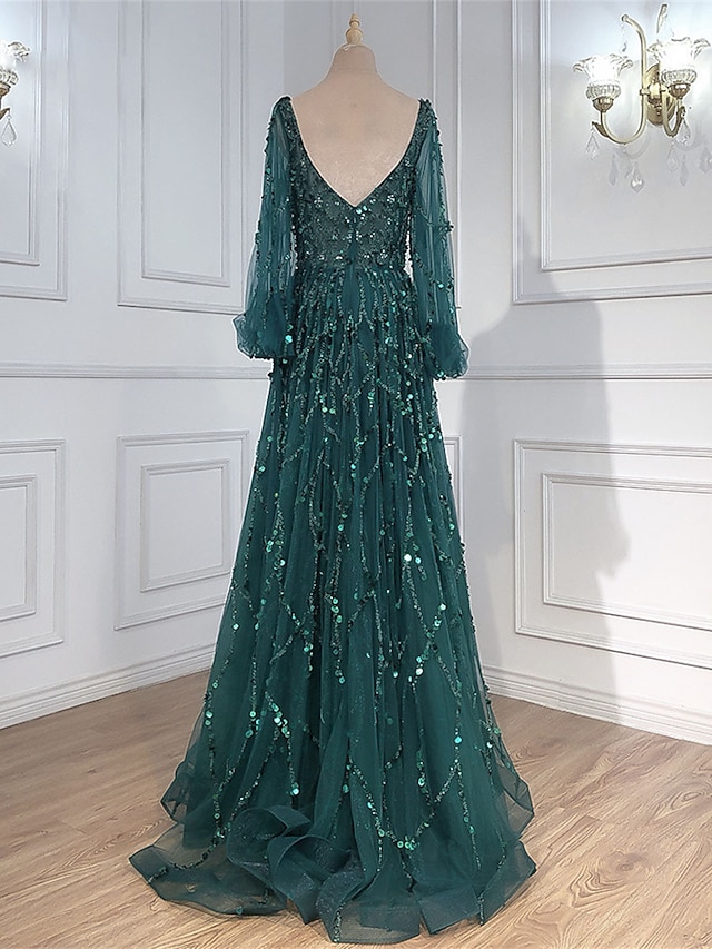 Women's Prom Dress Party Dress Sequin Dress Long Dress Maxi Dress Pink Gold Green Long Sleeve Pure Color Sparkly Glitter Sequins Spring Fall Winter V Neck Fashion Winter Dress Wedding Guest