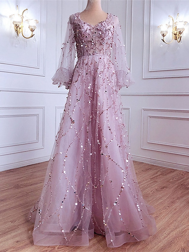 Women's Prom Dress Party Dress Sequin Dress Long Dress Maxi Dress Pink Gold Green Long Sleeve Pure Color Sparkly Glitter Sequins Spring Fall Winter V Neck Fashion Winter Dress Wedding Guest