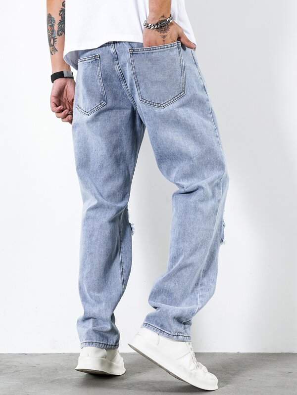 Men Cotton Slogan Graphic Ripped Frayed Straight Leg Jeans