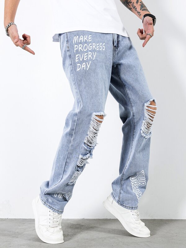 Men Cotton Slogan Graphic Ripped Frayed Straight Leg Jeans