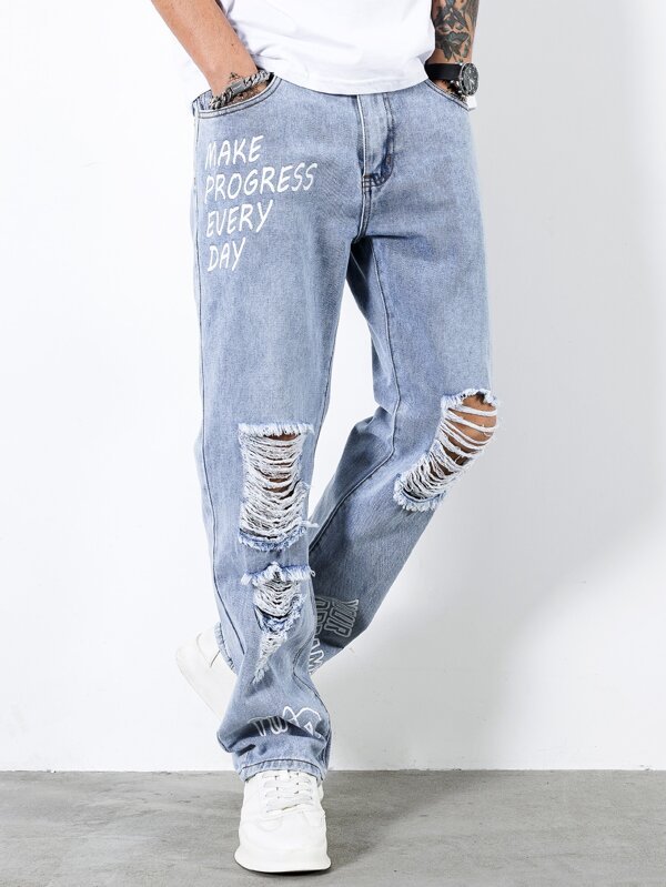 Men Cotton Slogan Graphic Ripped Frayed Straight Leg Jeans