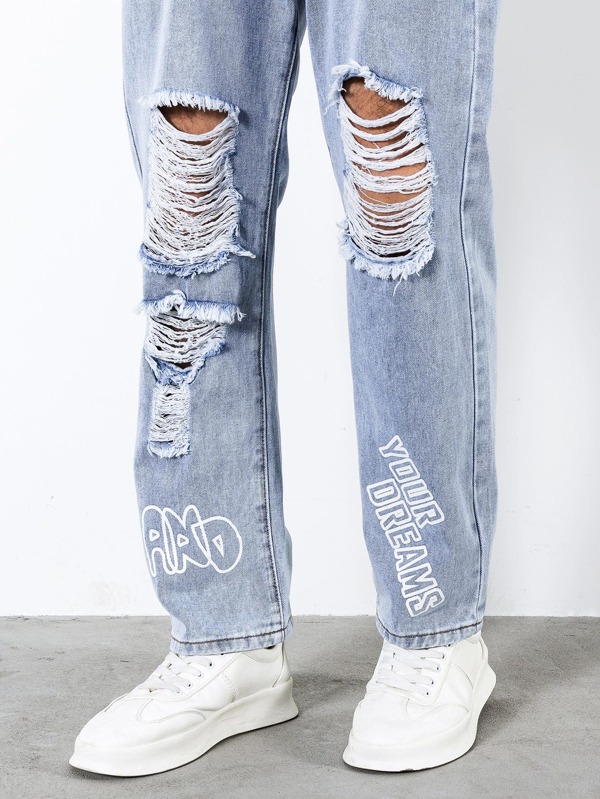 Men Cotton Slogan Graphic Ripped Frayed Straight Leg Jeans