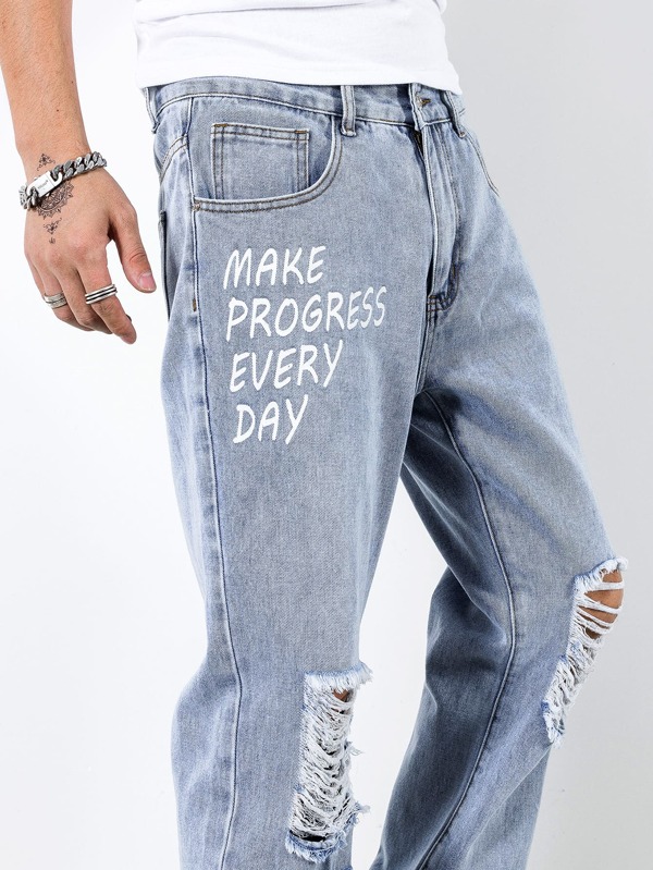 Men Cotton Slogan Graphic Ripped Frayed Straight Leg Jeans