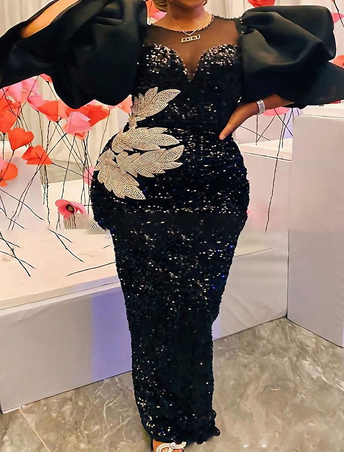 Women's Plus Size Black Sequin Dress Prom Dress Party Dress Sparkly Dress Black Dress Elegant Maxi long Dress Mesh Dress