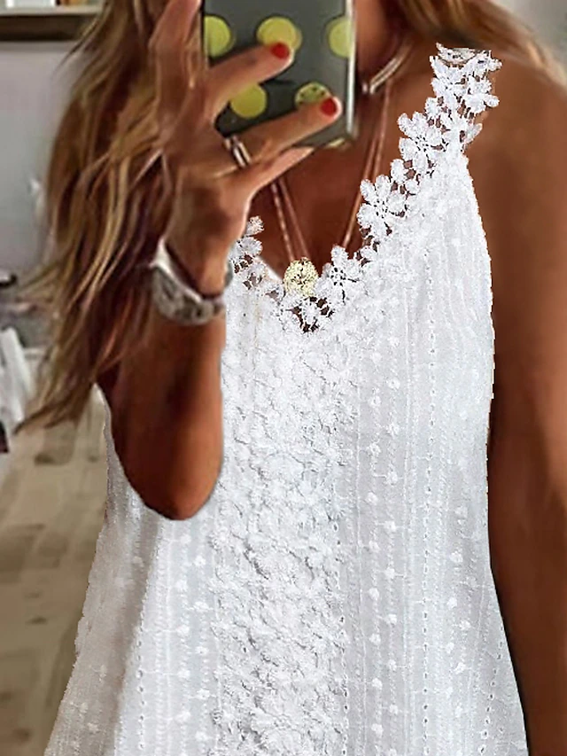 Women's Casual Dress Cotton Linen Dress White Dress Midi Dress Cotton Blend Fashion Modern Outdoor Daily Holiday V Neck Lace Sleeveless Summer Spring 2023 Loose Fit White Plain S M L XL 2XL