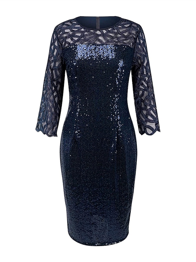 Women's Sequin Dress Party Dress Sparkly Dress Cocktail Dress Midi Dress Black Wine Dark Green 3/4 Length Sleeve Sparkly Glitter Spring Fall Winter Crew Neck Fashion Birthday