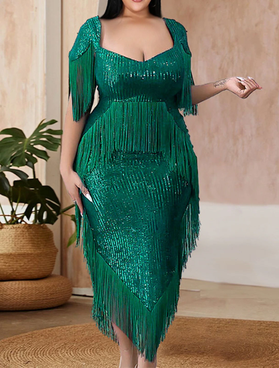 Women's Plus Size Sequin Dress Fringe Dress Prom Dress Party Dress Sparkly Dress Solid Color V Neck Short Sleeve Spring Fall Prom Dress Maxi long Dress Daily Dress Tassel Split