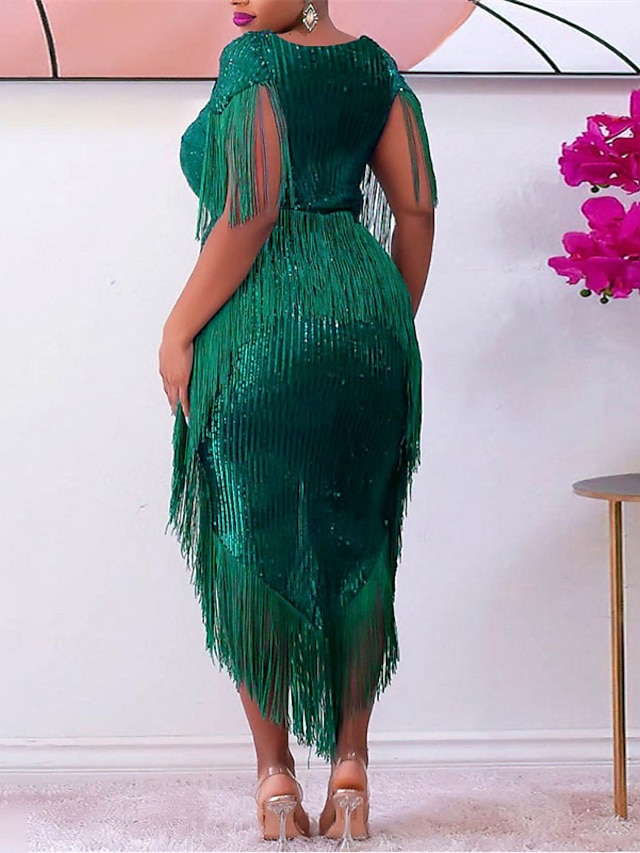 Women's Plus Size Sequin Dress Fringe Dress Prom Dress Party Dress Sparkly Dress Solid Color V Neck Short Sleeve Spring Fall Prom Dress Maxi long Dress Daily Dress Tassel Split