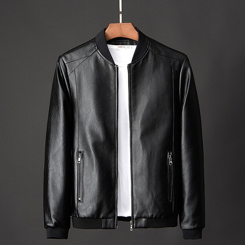 Men's Bomber Jacket Faux Leather Jacket Durable Casual / Daily Daily Wear Vacation To-Go Zipper Standing Collar Comfort Leisure Jacket Outerwear Solid / Plain Color Zipper Pocket