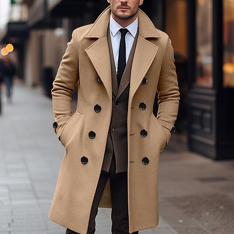 Men's Winter Coat Overcoat Peacoat Trench Coat Outdoor Daily Wear Fall & Winter Polyester Thermal Warm Windbreaker Outerwear Clothing Apparel Fashion Streetwear Plain Lapel Double Breasted