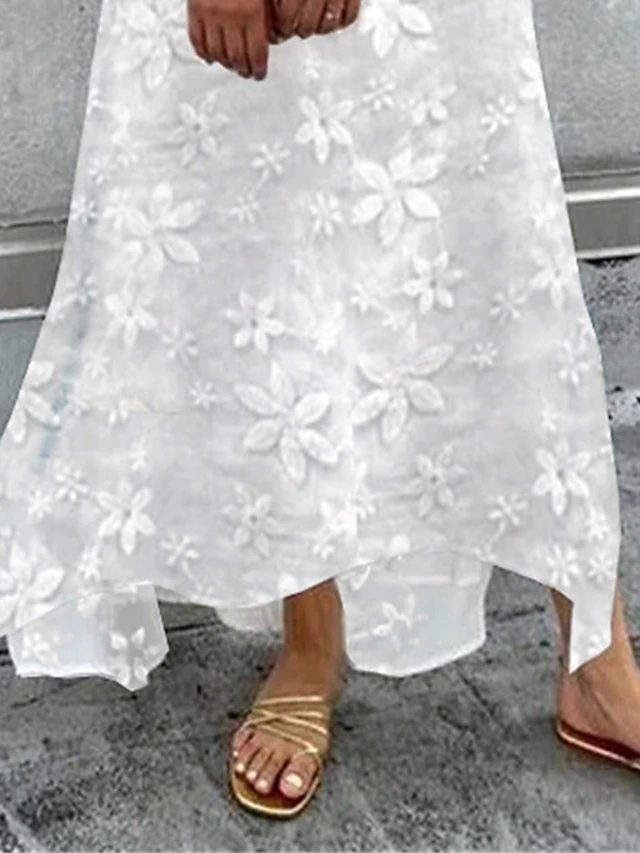 Women's Casual Dress Cotton Linen Dress Swing Dress Maxi long Dress Cotton Blend Fashion Modern Outdoor Daily Deep V Lace Patchwork Half Sleeve Summer Spring Fall 2023 Loose Fit White Floral Plain S