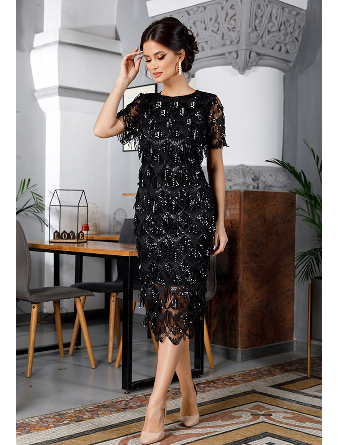 Elegant Classical Cocktail Dress Flapper Dress Dress Christmas Party Dress Knee Length Lady Women's Sequins Tassel Fringe Normal Valentine's Day Wedding Wedding Guest Event / Party Adults' Dress