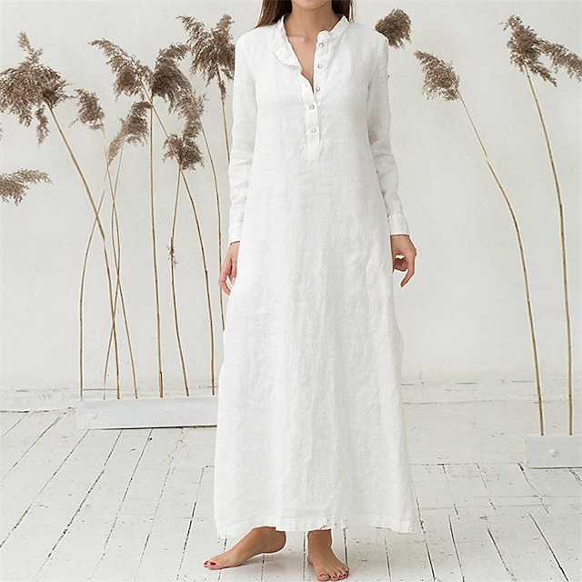 Women's Cotton Dress Pajamas Nightgown Nighty Pure Color Retro Comfort Home Daily Stand Collar Long Sleeve Button Summer Fall Spring White Blue