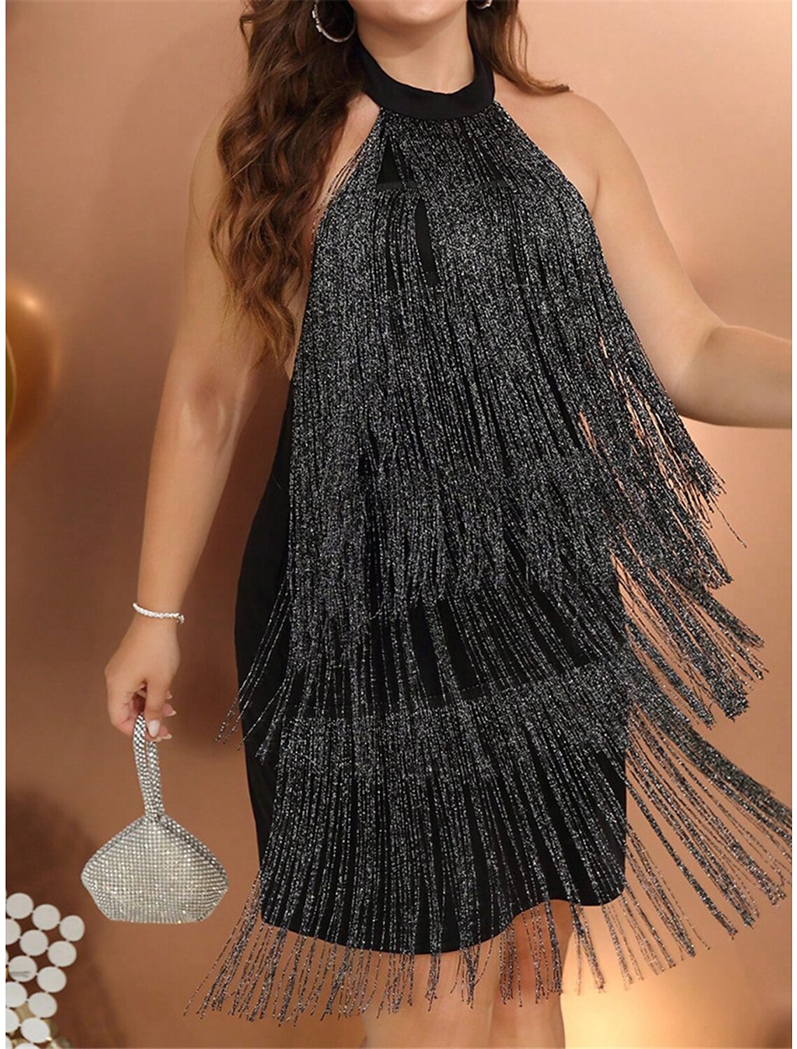 Women's Little Black Dress0 Plus Size Party Dress Fringe Dress Mini Dress Sleeveless Tassel Fringe Spring Fall Winter Halter Neck Fashion Winter Dress Vacation