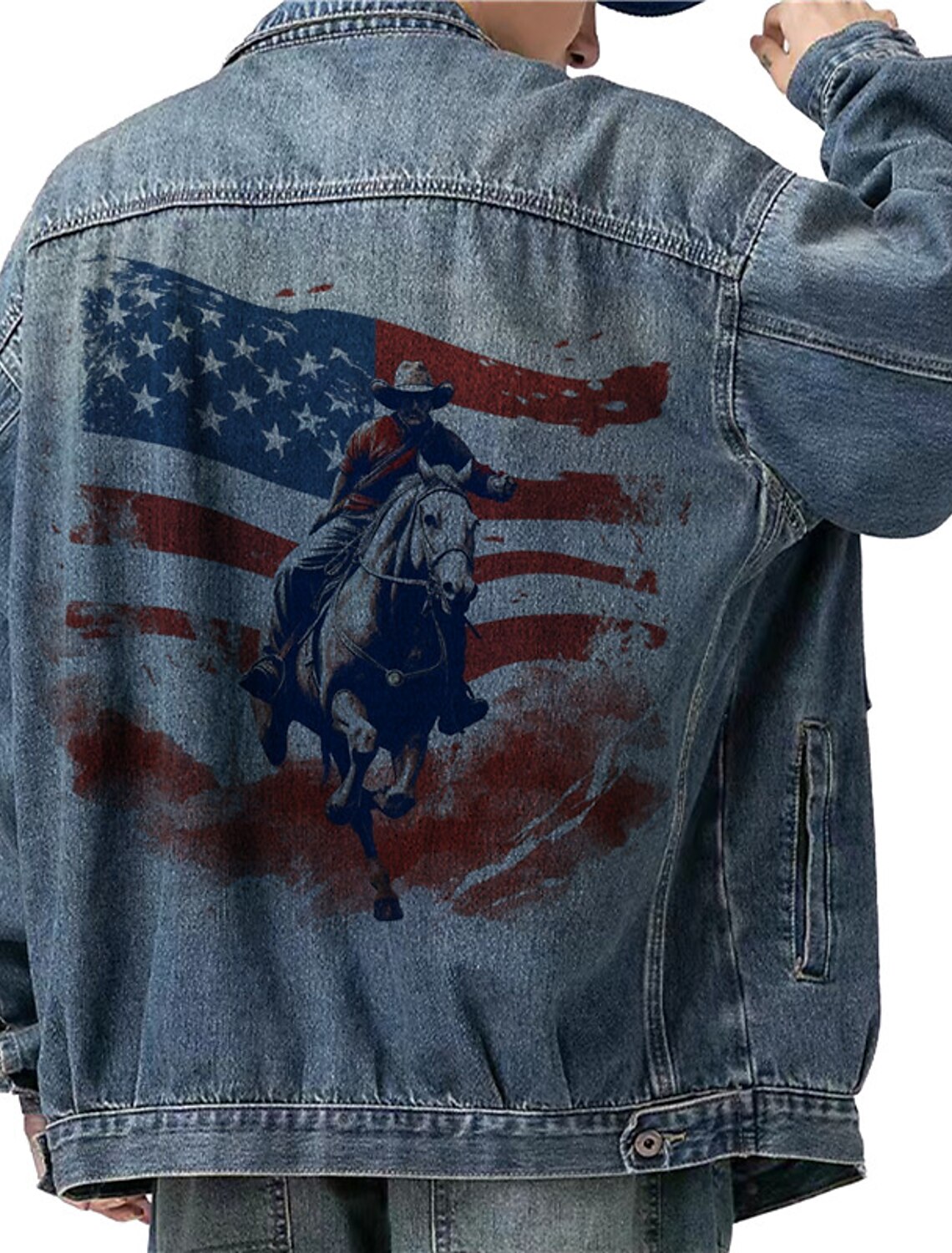 Letter Horse National Flag Casual western style Men's Coat Denim Jacket Sports & Outdoor Going out Weekend Fall & Winter Turndown Long Sleeve