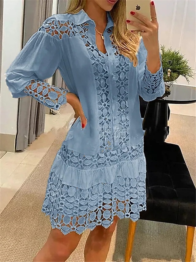 Women's Shirt Dress Casual Dress Cotton Linen Dress Mini Dress Lace Basic Classic Outdoor Daily Vacation Shirt Collar Contrast Lace Lace Long Sleeve Summer Spring Fall 2023 Loose Fit White Sky Blue