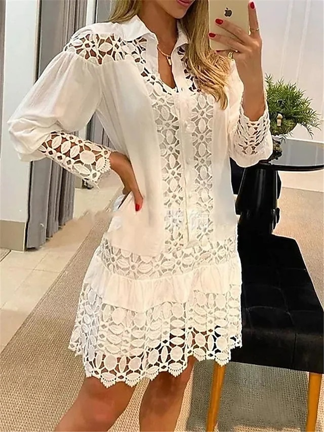 Women's Shirt Dress Casual Dress Cotton Linen Dress Mini Dress Lace Basic Classic Outdoor Daily Vacation Shirt Collar Contrast Lace Lace Long Sleeve Summer Spring Fall 2023 Loose Fit White Sky Blue