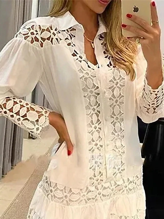 Women's Shirt Dress Casual Dress Cotton Linen Dress Mini Dress Lace Basic Classic Outdoor Daily Vacation Shirt Collar Contrast Lace Lace Long Sleeve Summer Spring Fall 2023 Loose Fit White Sky Blue