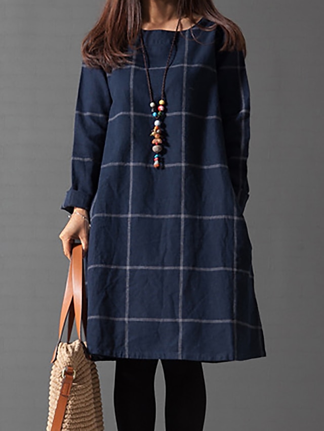 Women's Casual Dress Cotton Linen Dress Plaid Dress Midi Dress Polyester Basic Classic Outdoor Daily Vacation Crew Neck Pocket Print Long Sleeve Fall Winter Autumn 2023 Loose Fit Navy Blue Plaid L XL