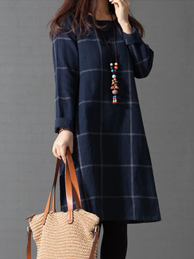 Women's Casual Dress Cotton Linen Dress Plaid Dress Midi Dress Polyester Basic Classic Outdoor Daily Vacation Crew Neck Pocket Print Long Sleeve Fall Winter Autumn 2023 Loose Fit Navy Blue Plaid L XL