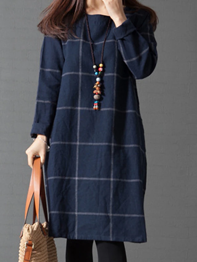 Women's Casual Dress Cotton Linen Dress Plaid Dress Midi Dress Polyester Basic Classic Outdoor Daily Vacation Crew Neck Pocket Print Long Sleeve Fall Winter Autumn 2023 Loose Fit Navy Blue Plaid L XL