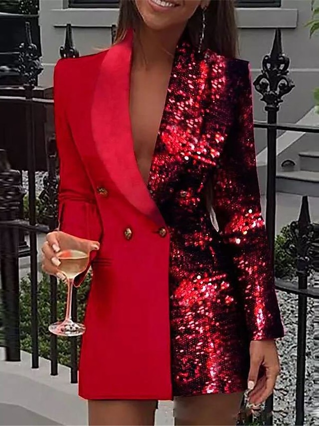 Women's Sequin Dress Party Dress Sparkly Dress Work Dress Blazer Dress And Jacket Set Mini Dress Champagne Red Long Sleeve Spring