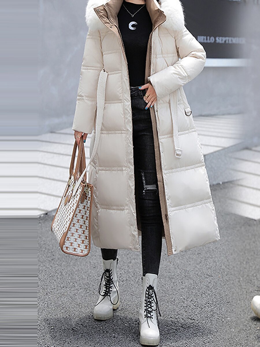 Women's Winter Coat Long Puffer Jacket Warm Parka with Removable Faux Fur Collar Windproof Jacket with Belt Zipper Heated Hoodie Jacket Outerwear Long Sleeve