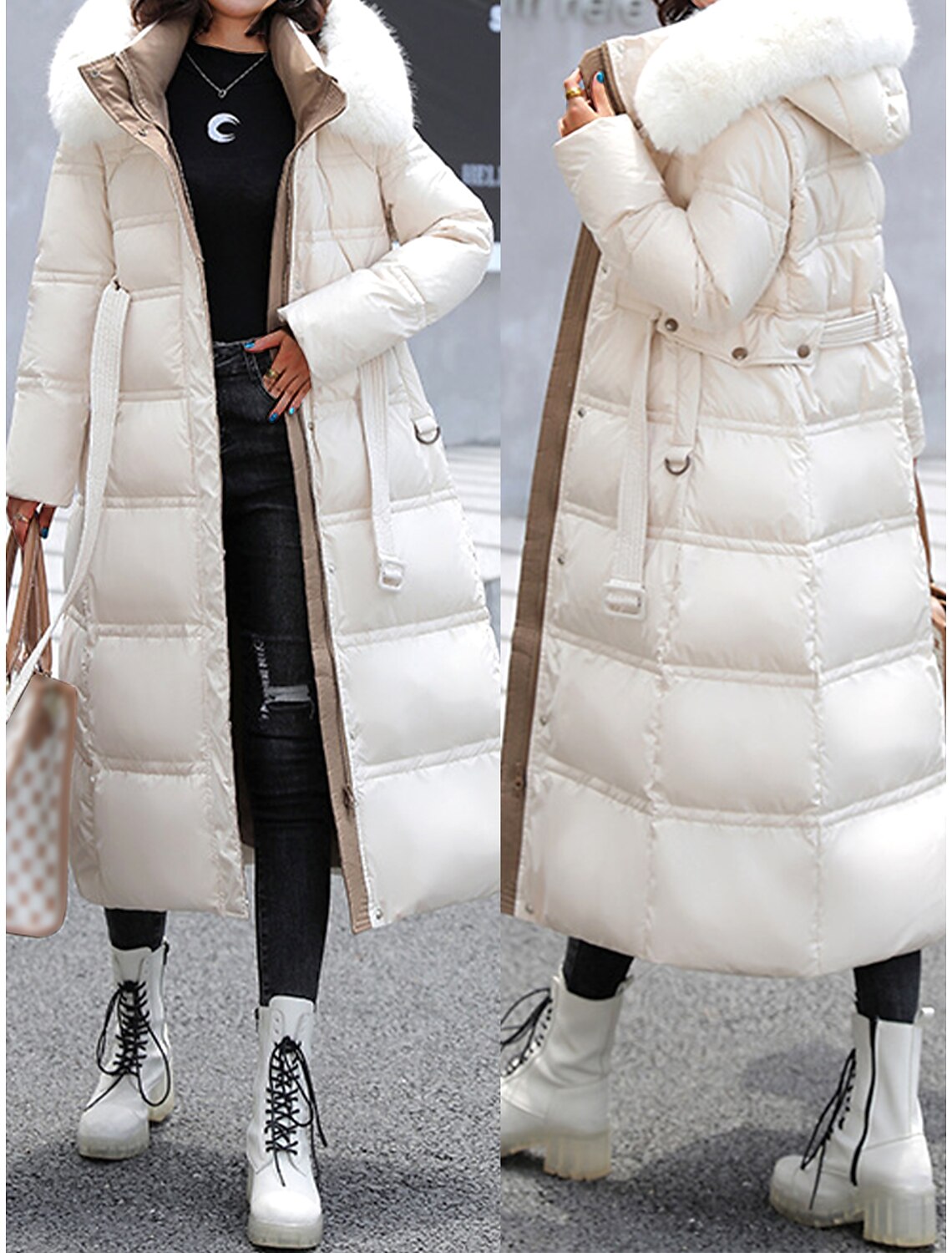 Women's Winter Coat Long Puffer Jacket Warm Parka with Removable Faux Fur Collar Windproof Jacket with Belt Zipper Heated Hoodie Jacket Outerwear Long Sleeve