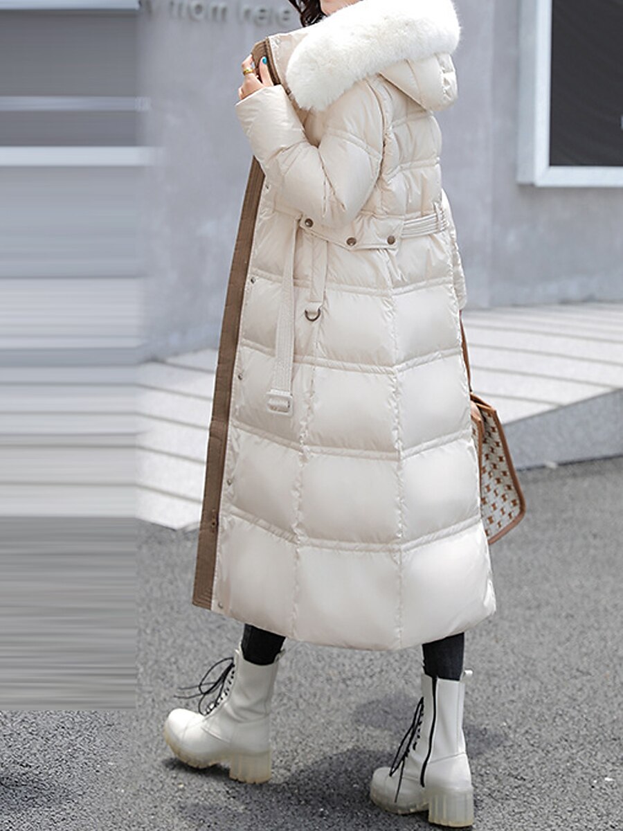 Women's Winter Coat Long Puffer Jacket Warm Parka with Removable Faux Fur Collar Windproof Jacket with Belt Zipper Heated Hoodie Jacket Outerwear Long Sleeve