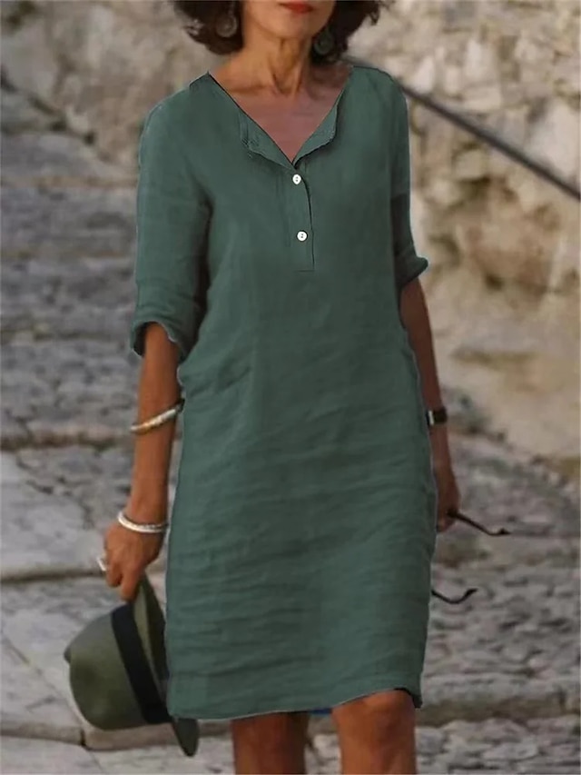 Women's Casual Dress Cotton Linen Dress Shift Dress Midi Dress Cotton Blend Classic Modern Outdoor Daily Vacation Shirt Collar Button Half Sleeve Summer Spring Fall 2023 Loose Fit Light Green Green