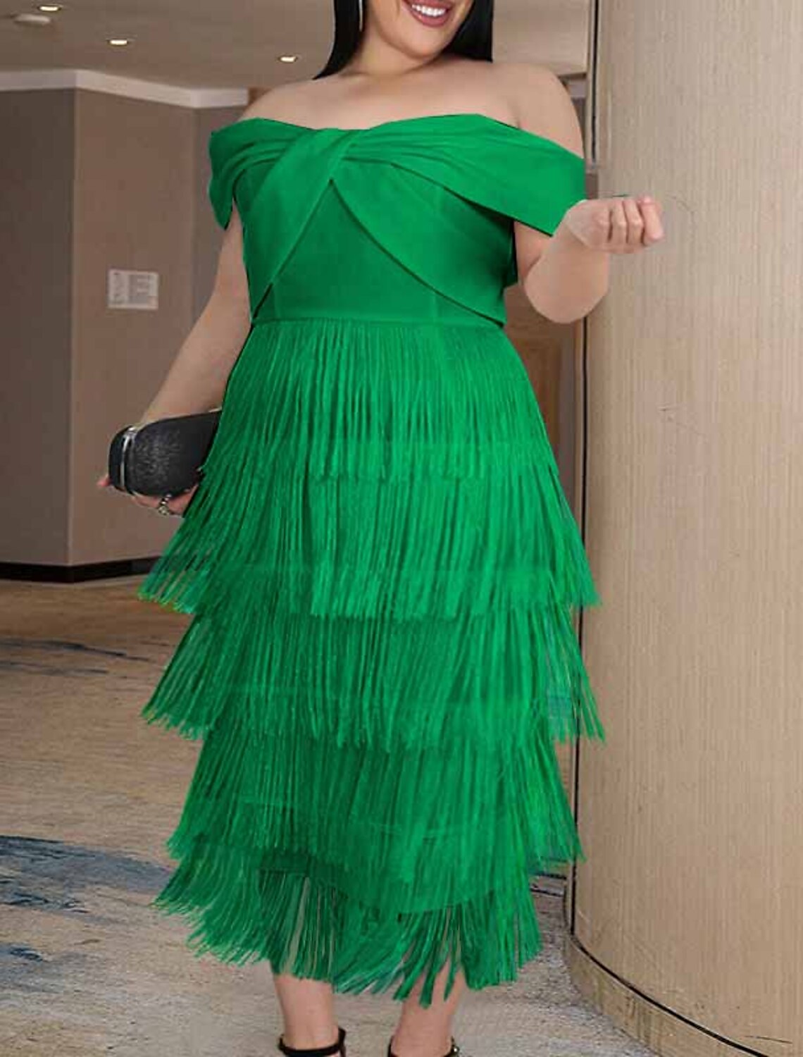 Women's Plus Size Sequin Dress Fringe Dress Party Dress Sparkly Dress Solid Color Off Shoulder Short Sleeve Spring Fall Elegant Formal Midi Dress Formal Dress