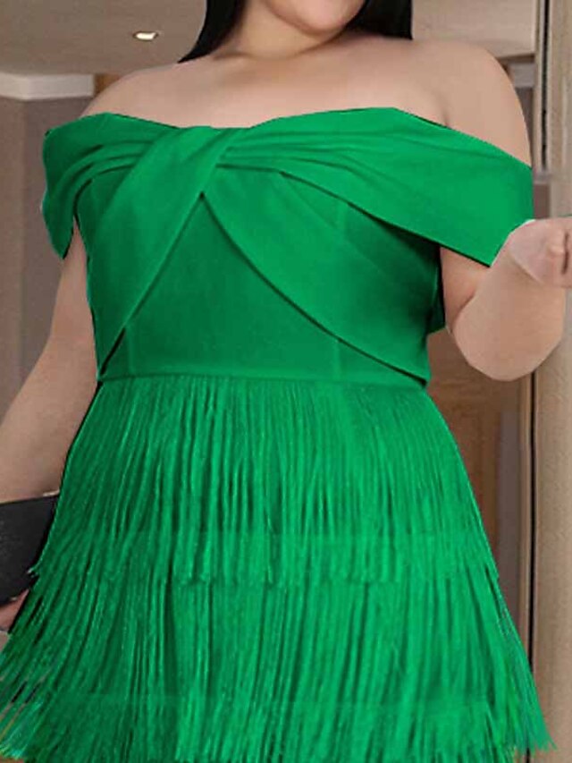 Women's Plus Size Sequin Dress Fringe Dress Party Dress Sparkly Dress Solid Color Off Shoulder Short Sleeve Spring Fall Elegant Formal Midi Dress Formal Dress