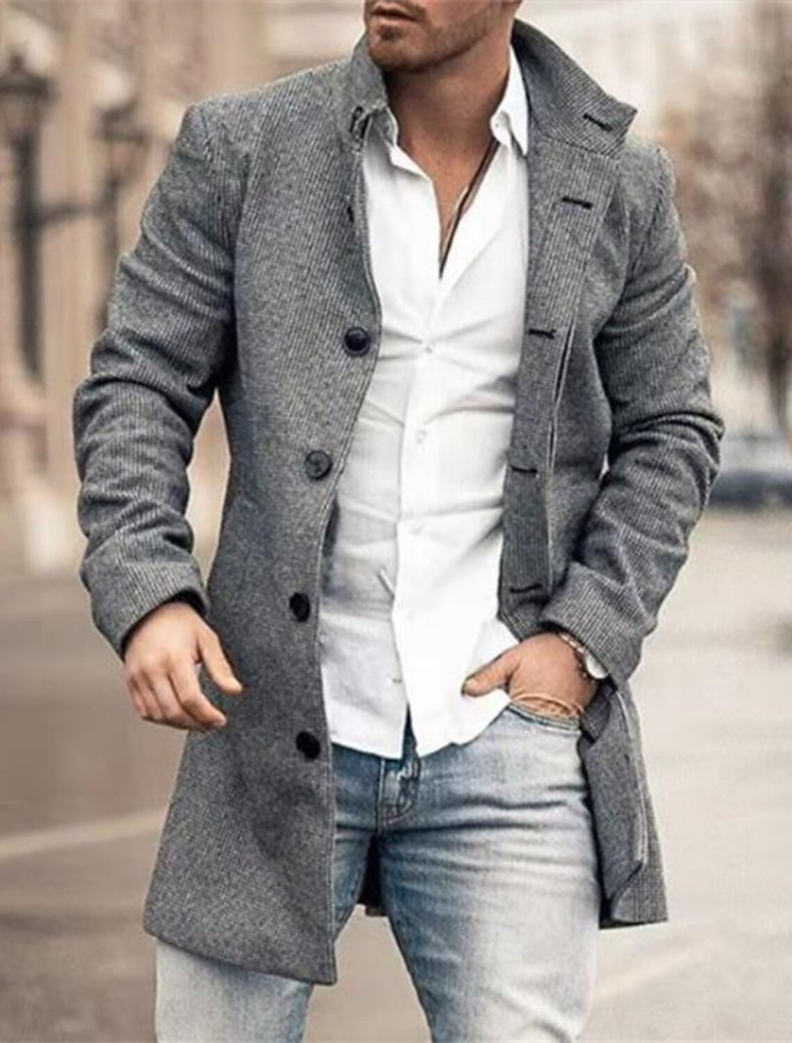 Men's Winter Coat Overcoat Trench Coat Outdoor Daily Wear Fall & Winter Polyester Outerwear Clothing Apparel Fashion Streetwear Geometric Lapel Single Breasted