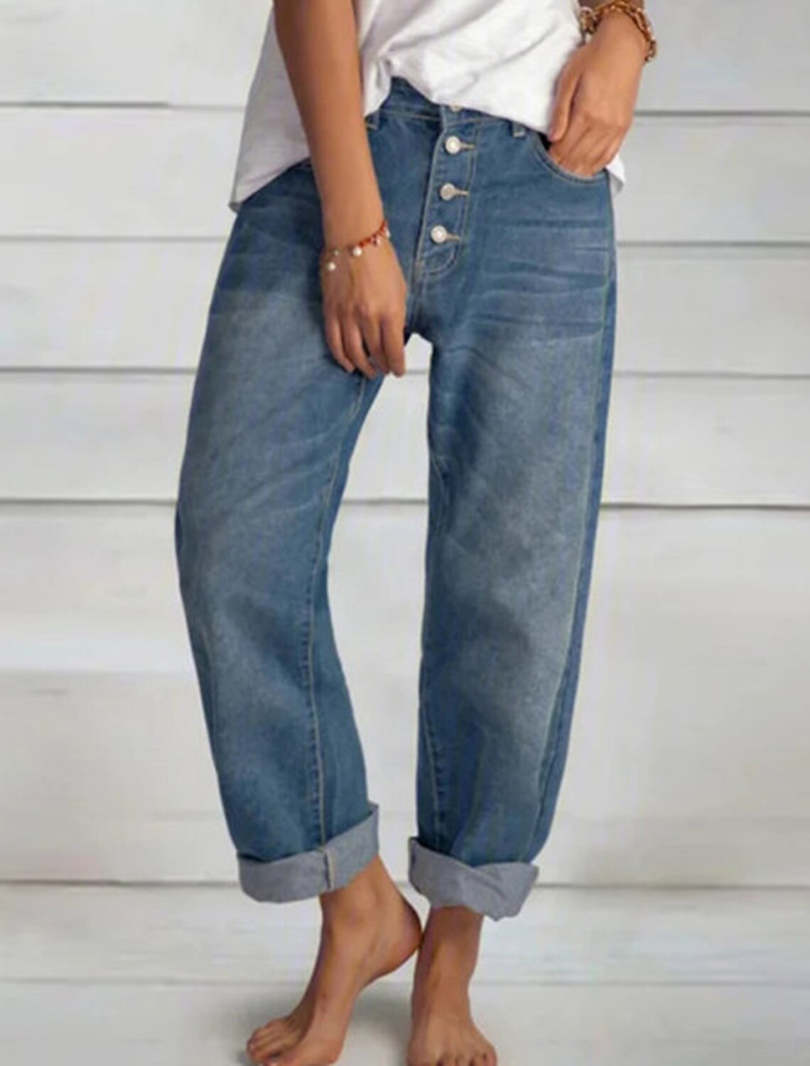 Women‘s Moms Jeans Slacks Pants Trousers Full Length Denim Side Pockets Micro-elastic Mid Waist Fashion Casual Weekend Blue S M Summer Spring & Fall