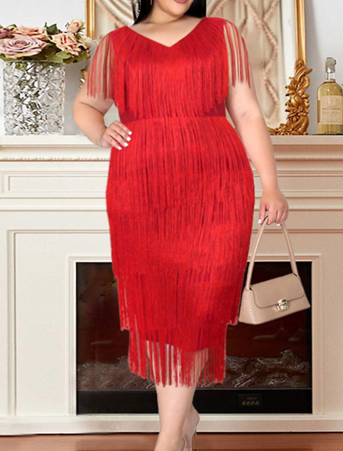 Women's Plus Size Sequin Dress Fringe Dress Party Dress Sparkly Dress V Neck Tassel Sleeveless Spring Fall Fashion Elegant Formal Midi Dress Evening